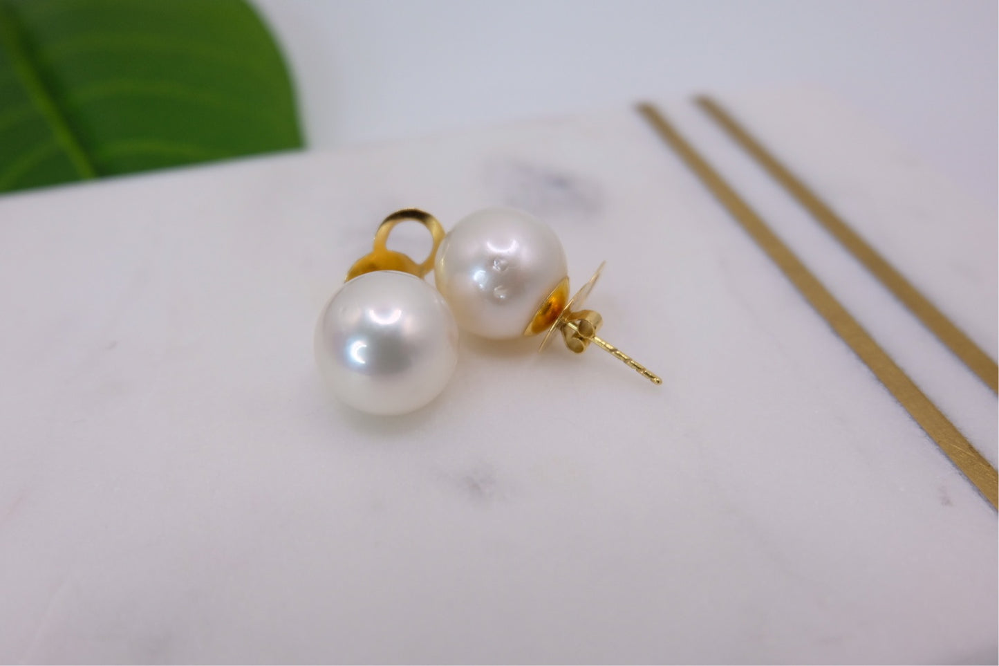 18k Solid Gold Large White South Sea Pearl Earring Stud