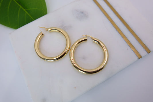 18k Solid Gold Chunky Tube Hoop Earring